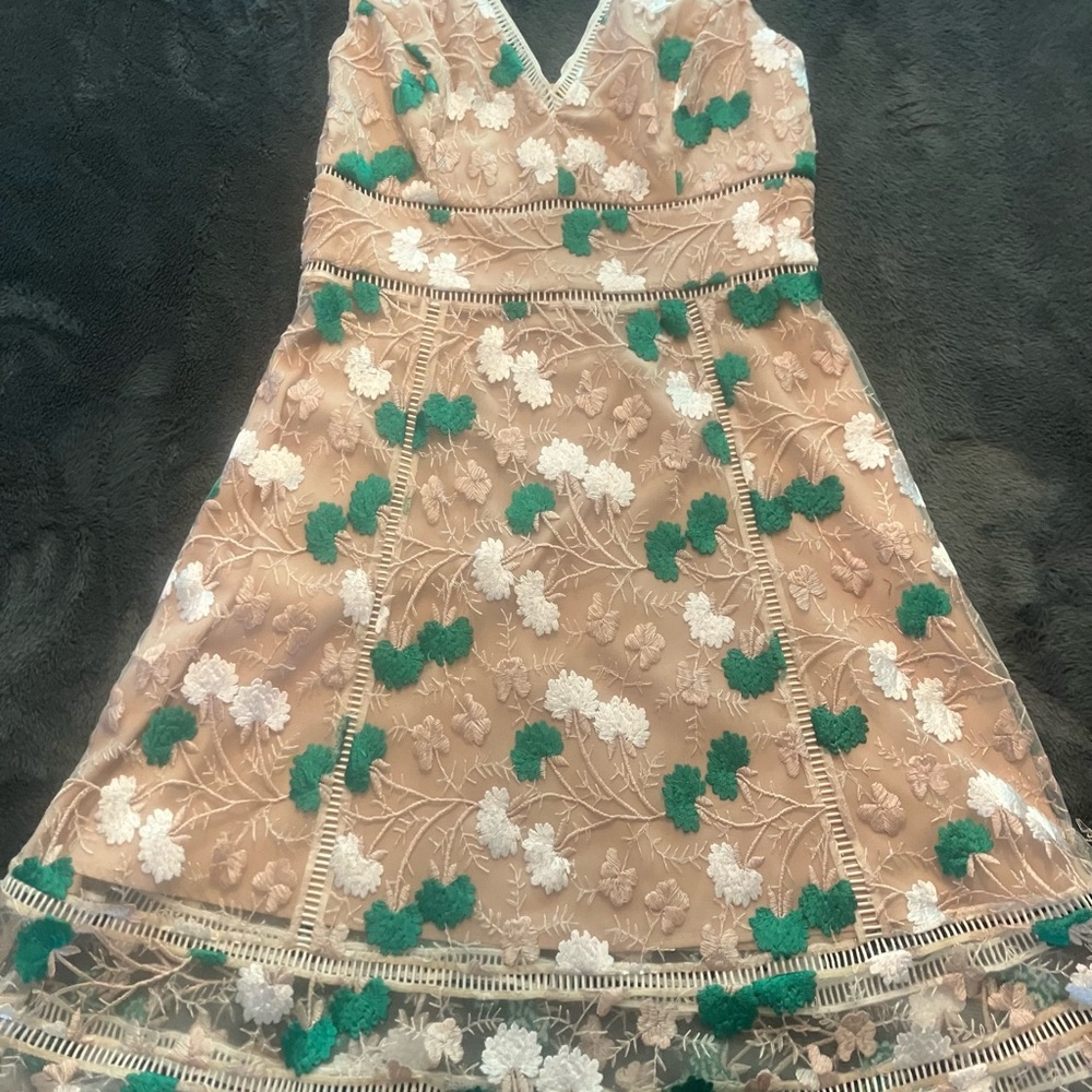 Badgley Mischka Green and White Floral Woman’s Dress. Lace